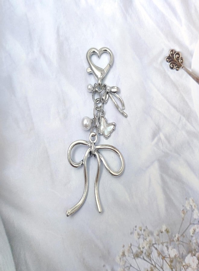 Nalefow Keychain for Women Gold Bow Angel Wings KeyChains Novel Star Heart Strawberry Racket Pendants Bag Charm Key Chains (Silver Bow) - Image 2